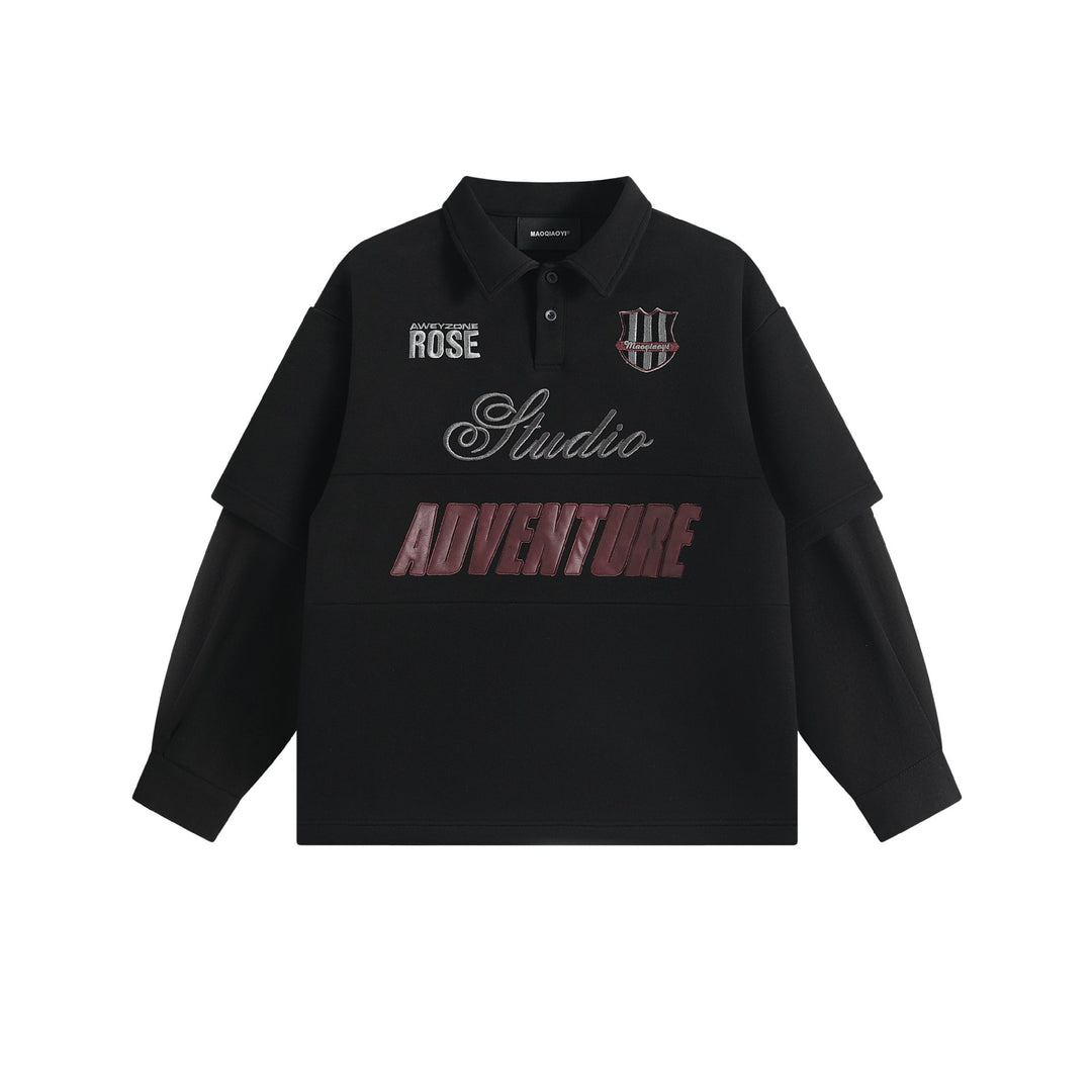 Damen Lagenlook-Sweatshirt mit Polokragen und aufgesetzten Stick-Patches Nord Taschen