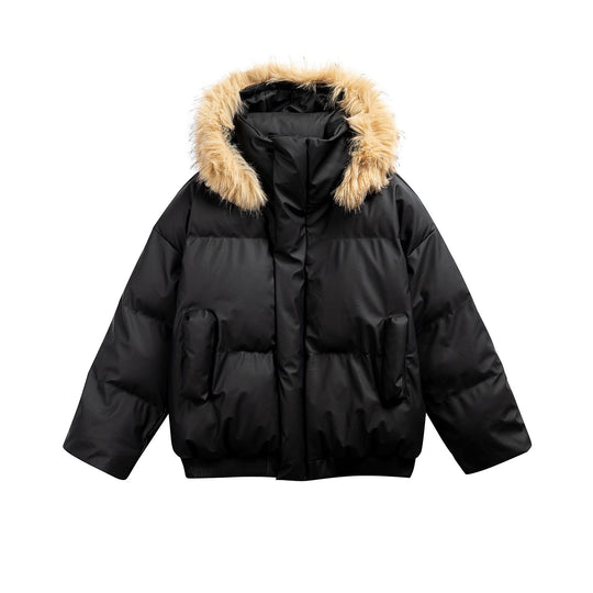 Damen Wattierte Kurzsteppjacke mit Kunstfellkapuze und geripptem Saum Nord Taschen