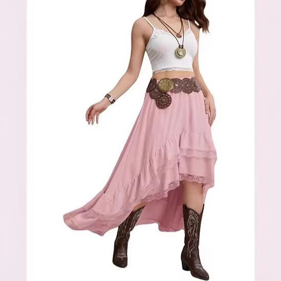 Damen Boho Maxi-Rock mit asymmetrischem Saum und Spitzenverzierungen