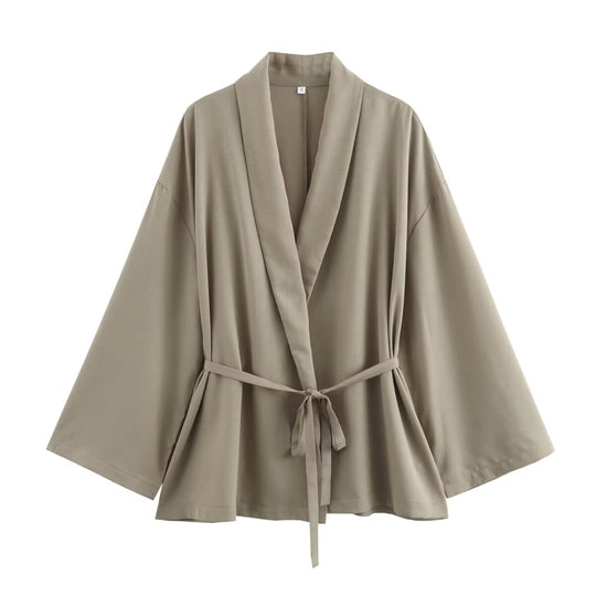 Damen Kimono-Jacke mit Wickelgürtel, weitem Schnitt und Schalkragen Nord Taschen