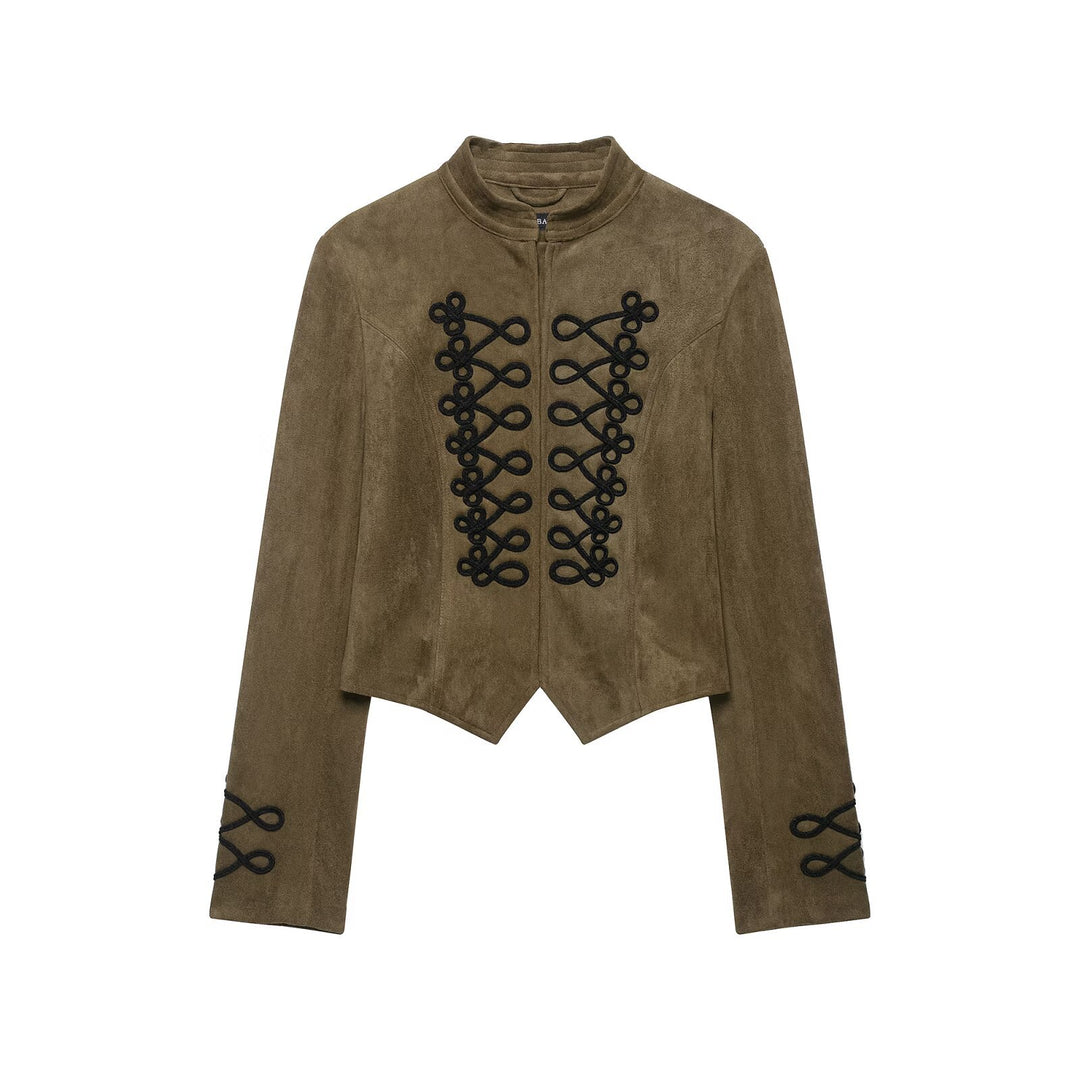 Damen Taillierter Cropped‑Veloursleder‑Blouson mit militärischer Kordelapplikation und Stehkragen Nord Taschen