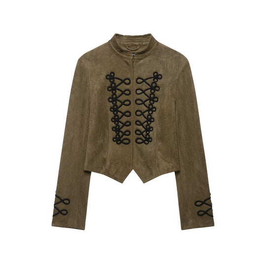 Damen Taillierter Cropped‑Veloursleder‑Blouson mit militärischer Kordelapplikation und Stehkragen Nord Taschen