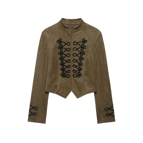 Damen Taillierter Cropped‑Veloursleder‑Blouson mit militärischer Kordelapplikation und Stehkragen Nord Taschen