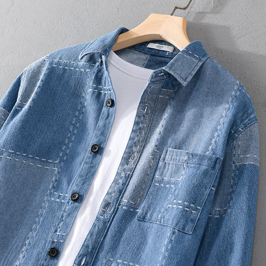 Herren Patchwork-Hemdjacke aus strukturiertem Denim mit sichtbarer Naht und Brusttasche Nord Taschen