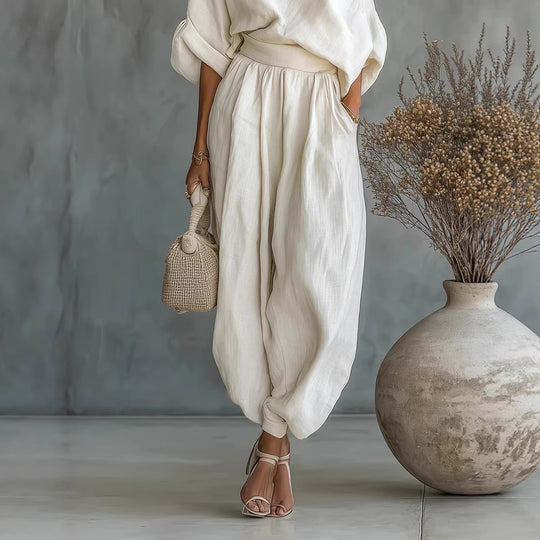 Damen Leinen-Set mit One-Shoulder-Oberteil und weiten Haremshosen Nord Taschen