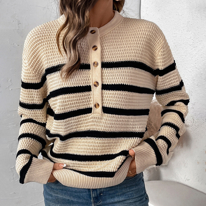 Damen Gestreifter Waffelstrick-Henley-Pullover mit Knopfleiste Nord Taschen