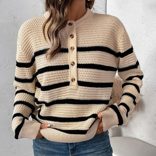 Damen Gestreifter Waffelstrick-Henley-Pullover mit Knopfleiste Nord Taschen