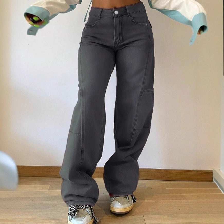 Damen High-Waist weite Cargo-Denimhose mit Nahtpaneelen und Baggy-Silhouette Nord Taschen