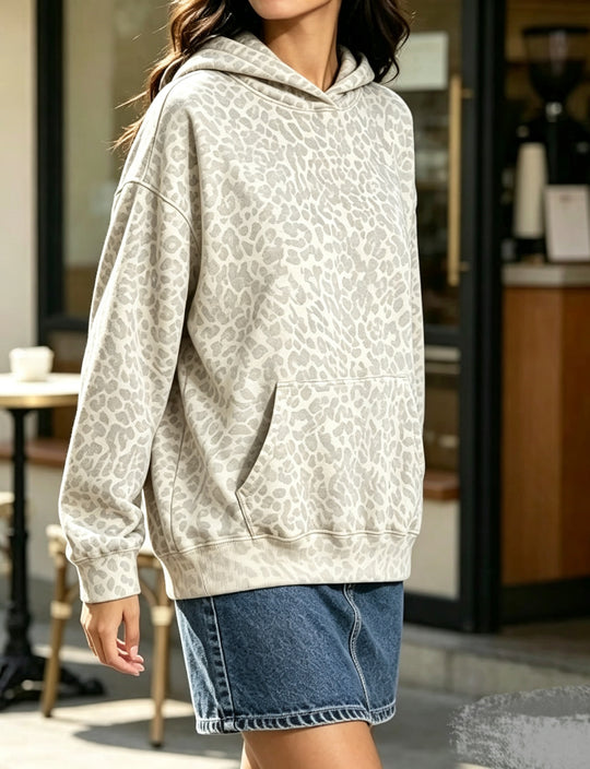 Damen Oversize-Kapuzenpullover mit Leomuster, Kängurutasche und überschnittener Schulter Nord Taschen