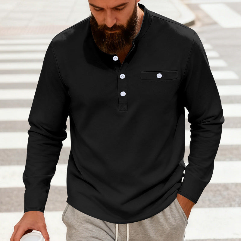 Herren Lässiges Henley-Langarmshirt mit Stehkragen, Brusttasche und abgerundetem Saum Nord Taschen