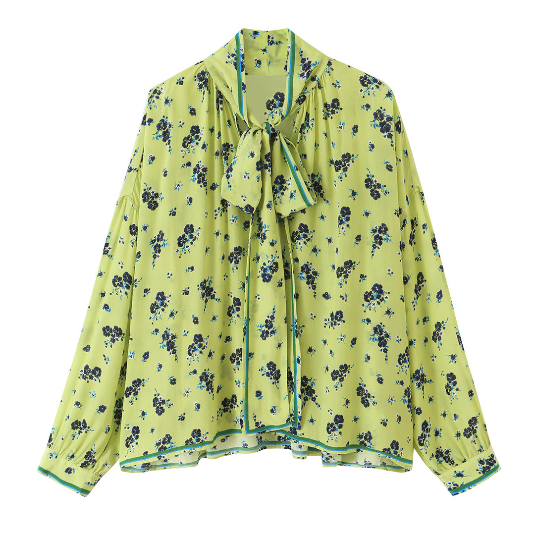 Damen Geblümte Chiffonbluse mit Schleifenkragen und Volumenärmeln Nord Taschen