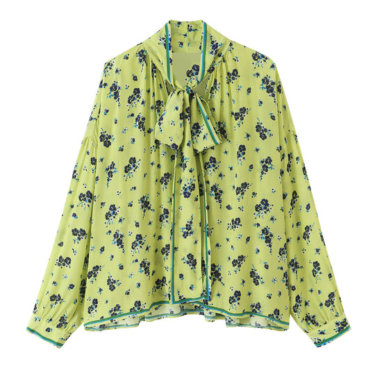 Damen Geblümte Chiffonbluse mit Schleifenkragen und Volumenärmeln Nord Taschen