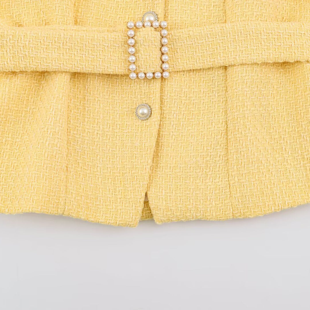 Damen Kurzjacke im Bouclé‑Tweed‑Stil mit Perlenknöpfen und Taillengürtel Nord Taschen