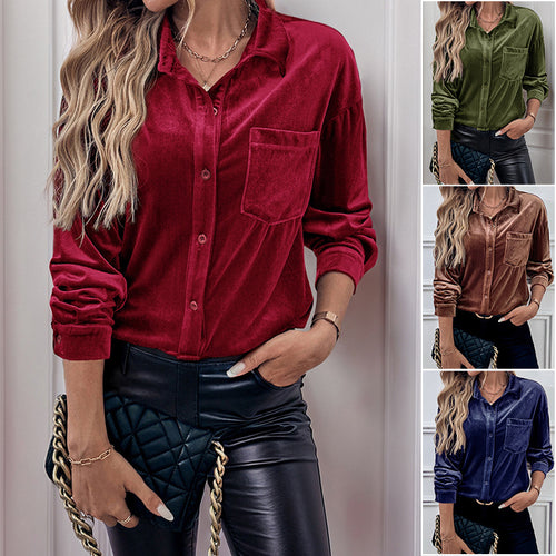 Damen Velours-Hemdbluse mit Brusttasche und klassischem Kragen Nord Taschen