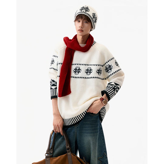 Damen Gemütlicher Grobstrickpullover mit Wintermotiv Nord Taschen