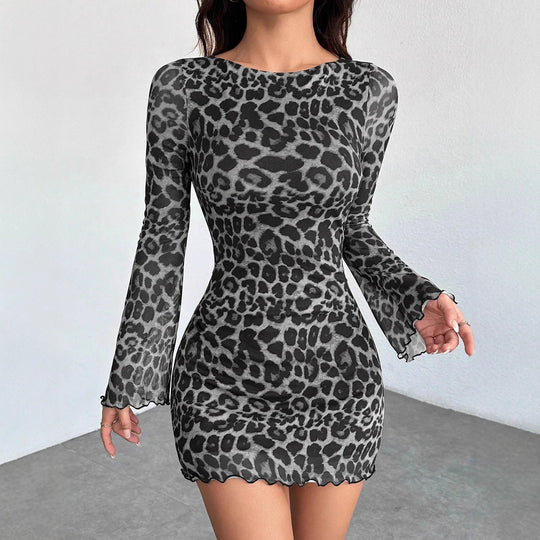Damen Figurbetontes Mesh-Minikleid mit Leo-Print und Langarm Nord Taschen