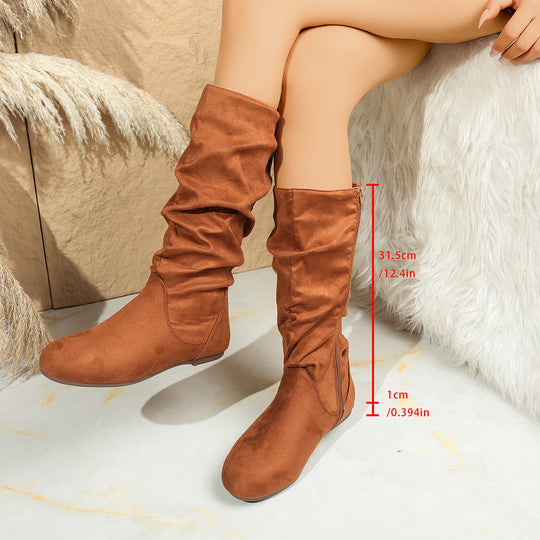 Damen Kniehohe Slouch-Stiefel aus Veloursimitat mit Innenseiten-Reißverschluss und flacher Komfortsohle Nord Taschen