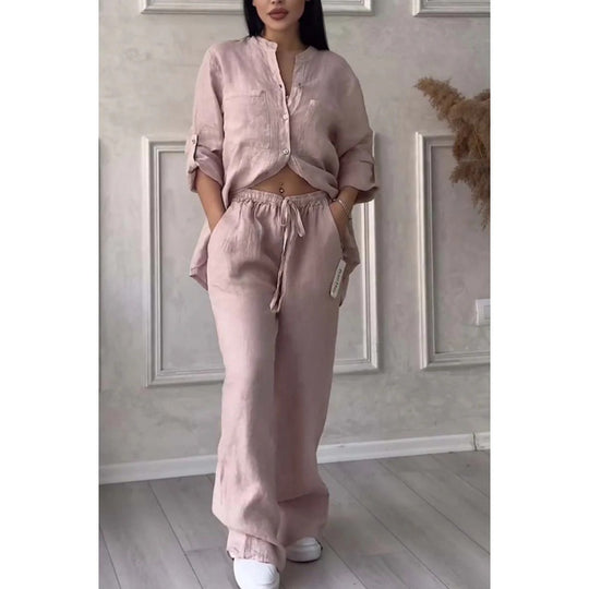 Damen Weite Leinenmix-Hose mit hohem Elastikbund, Kordelzug und Palazzo-Silhouette Nord Taschen