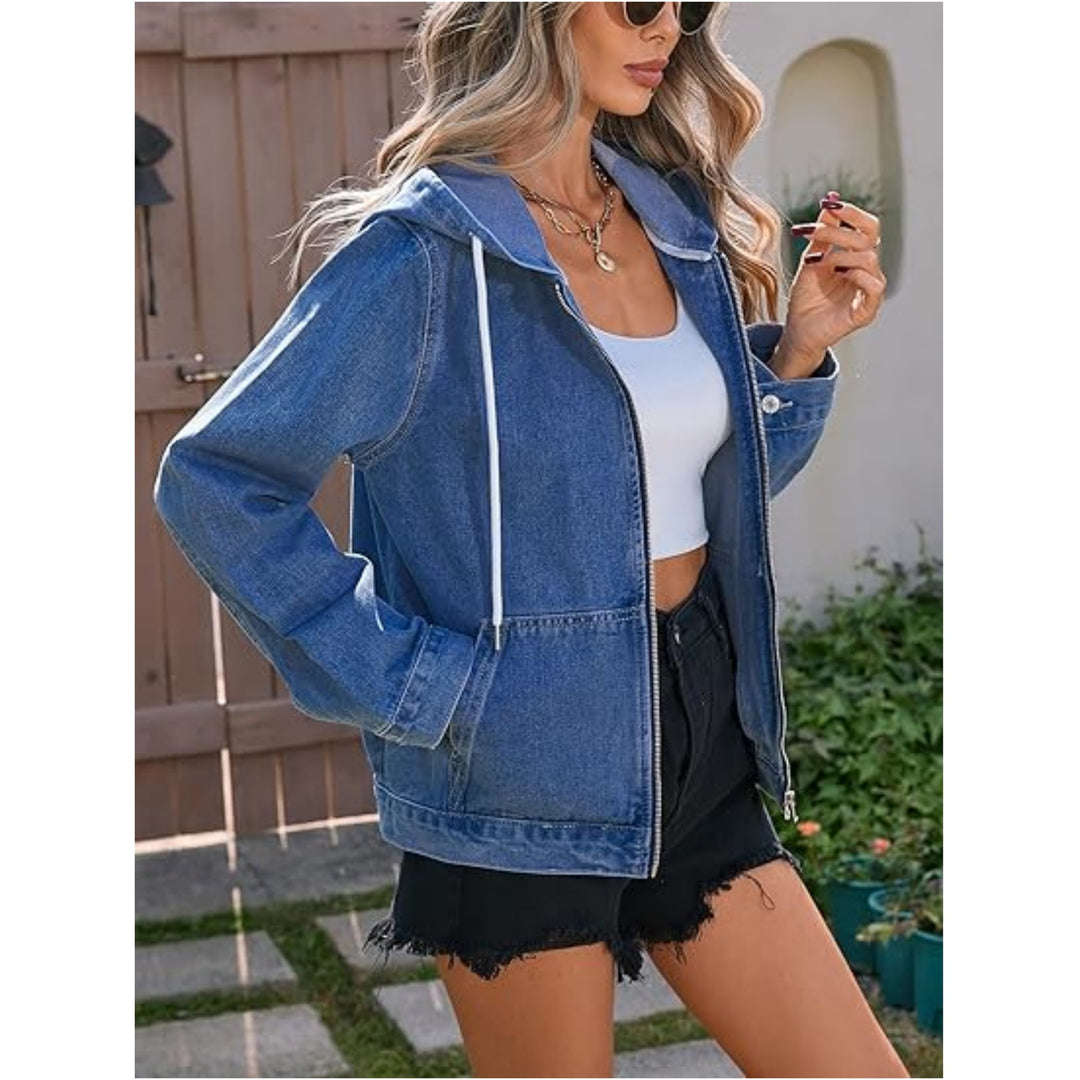 Damen Oversize Jeanskapuzenjacke mit Reißverschluss und aufgesetzten Taschen Nord Taschen