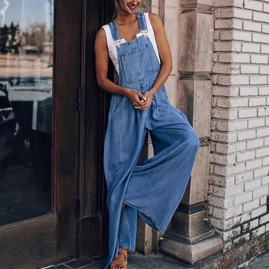 Damen Weite Denim-Latzhose im Palazzo-Schnitt mit verstellbaren Trägern Nord Taschen