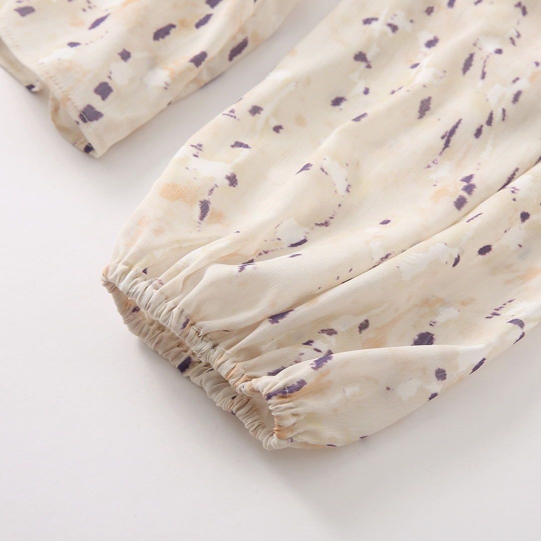 Damen Schluppenbluse mit Volantbesatz, Aquarellprint und Ballonärmeln Nord Taschen
