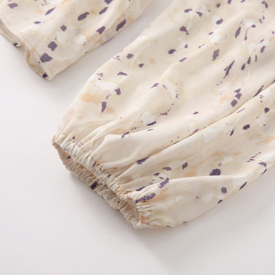 Damen Schluppenbluse mit Volantbesatz, Aquarellprint und Ballonärmeln Nord Taschen