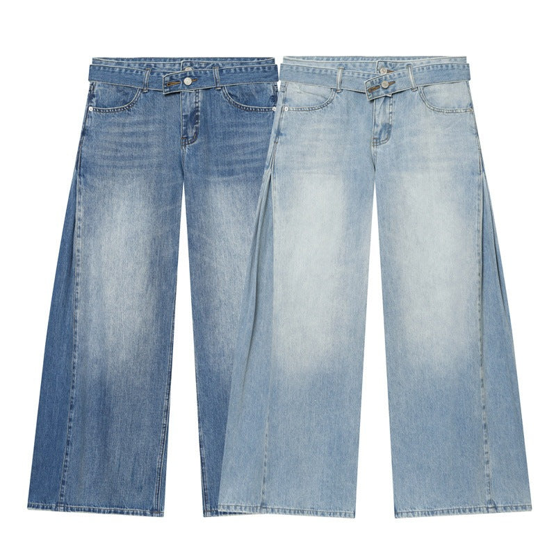 Damen Weite Denim-Hose mit seitlichen Falteneinsätzen, High‑Waist und Taillengürtel Nord Taschen