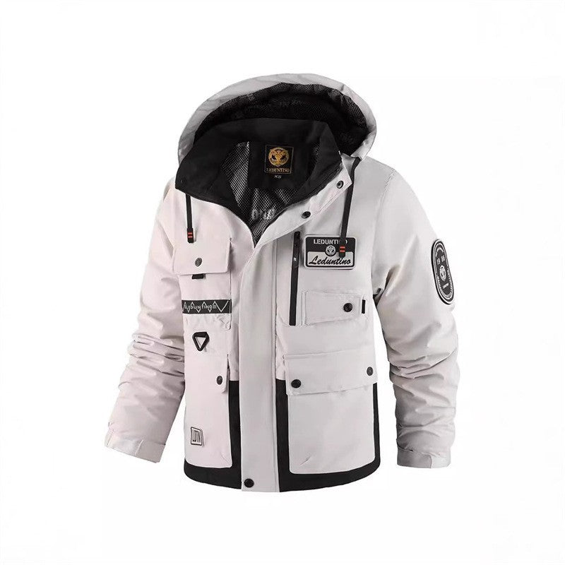 Herren Multifunktionale Fieldjacke mit Kapuze und Multi‑Taschen, wetterfeste Softshell‑Utilityjacke Nord Taschen