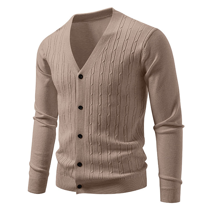 Herren Feinstrick-Cardigan mit tiefem V-Ausschnitt schmaler Passform und vertikalem Zopfstrick Nord Taschen