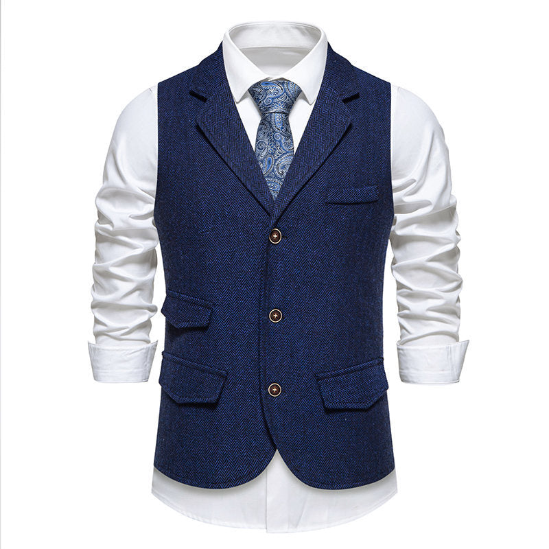 Herren Tweed-Weste mit Fischgrätstruktur, Reverskragen und Pattentaschen Nord Taschen