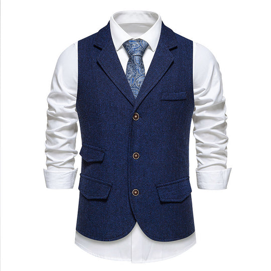 Herren Tweed-Weste mit Fischgrätstruktur, Reverskragen und Pattentaschen Nord Taschen