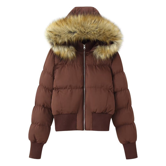 Damen Gepolsterte Cropped-Bomberjacke mit Kapuze und abnehmbarem Kunstpelzbesatz Nord Taschen