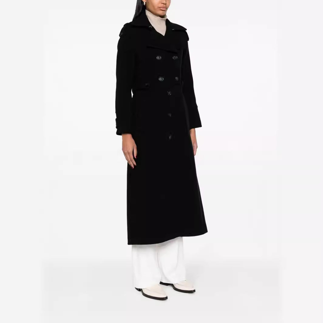 Damen Bodenlanger Doppelreihiger Trenchcoat aus Wollmix mit Schulterpatten und verdecktem Taillengürtel Nord Taschen