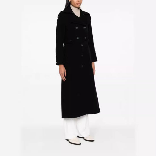 Damen Bodenlanger Doppelreihiger Trenchcoat aus Wollmix mit Schulterpatten und verdecktem Taillengürtel Nord Taschen