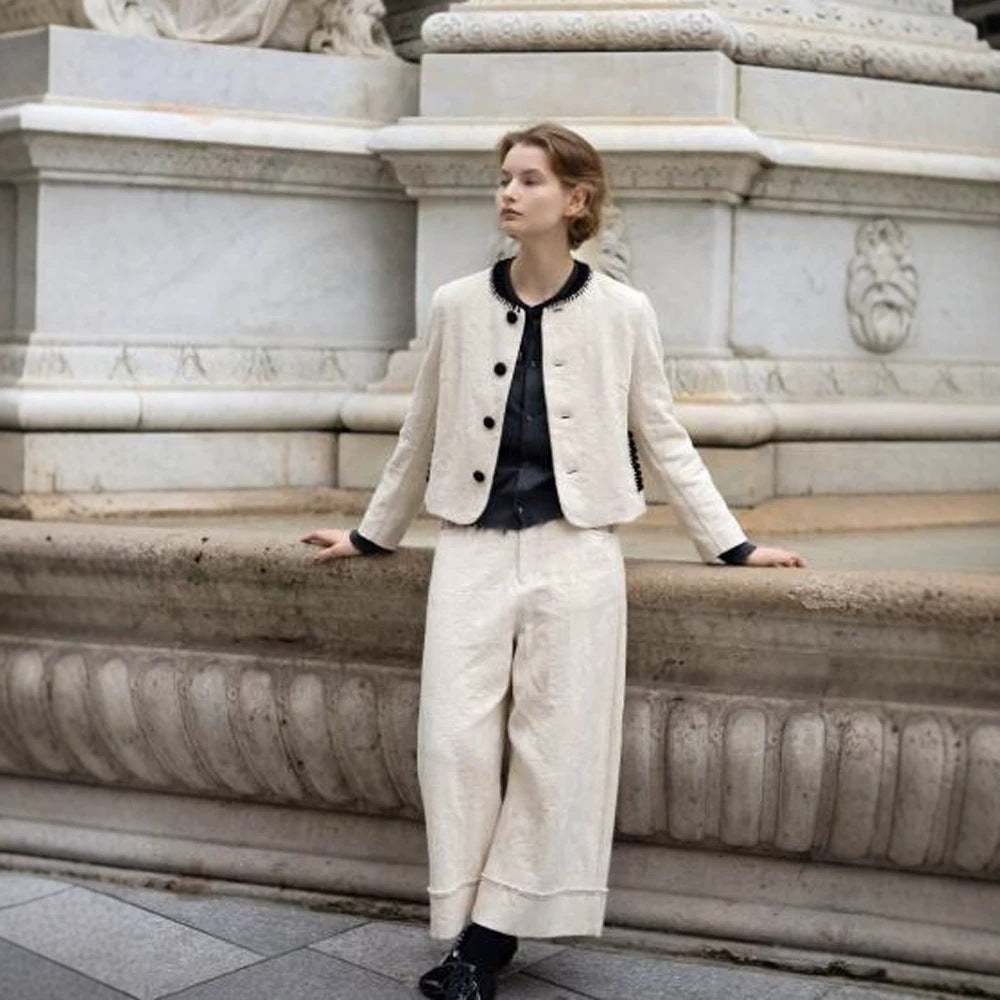 Damen Zweiteiliges Bouclé-Set mit Kurzjacke, kontrastiertem Rundhalsausschnitt und weitem Culotte-Hosenbein Nord Taschen