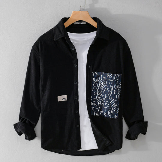 Herren Leichtes Cord-Hemdjacken-Overshirt mit Letterprint-Brusttasche und Relaxed Fit Nord Taschen