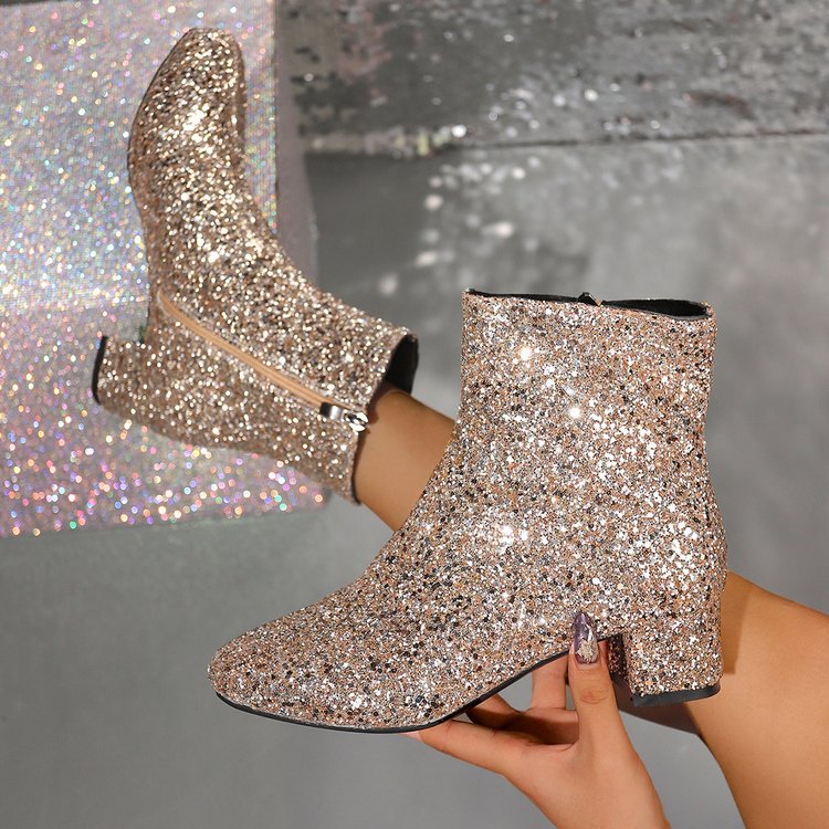 Damen nan glitzernde Stiefeletten mit kurzem Blockabsatz und seitlichem Reißverschluss Nord Taschen