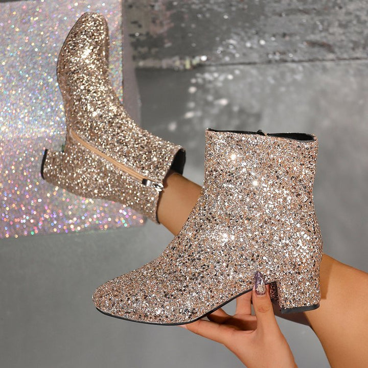 Damen nan glitzernde Stiefeletten mit kurzem Blockabsatz und seitlichem Reißverschluss Nord Taschen