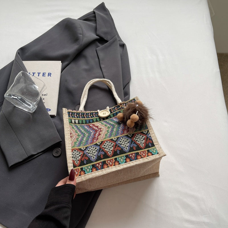 Damen Jute-Handtasche mit handgewebtem Ethnodruck Nord Taschen