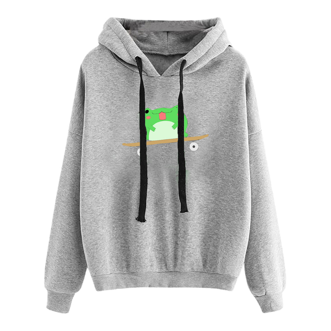 Damen nan kurz geschnittener Cropped-Kapuzenpullover mit niedlicher Frosch-Illustration und verstellbarer Kapuze Nord Taschen