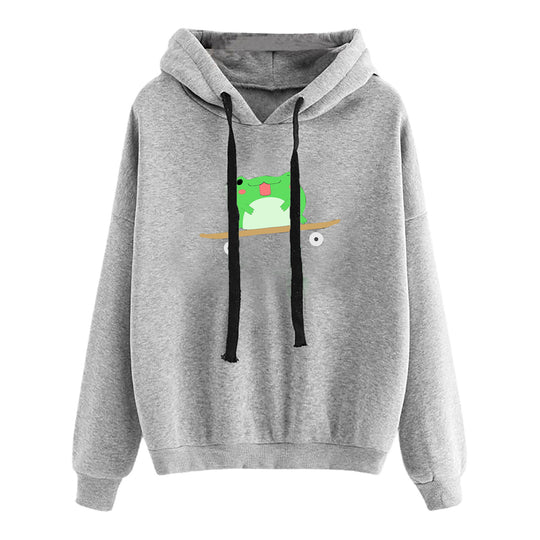 Damen nan kurz geschnittener Cropped-Kapuzenpullover mit niedlicher Frosch-Illustration und verstellbarer Kapuze Nord Taschen