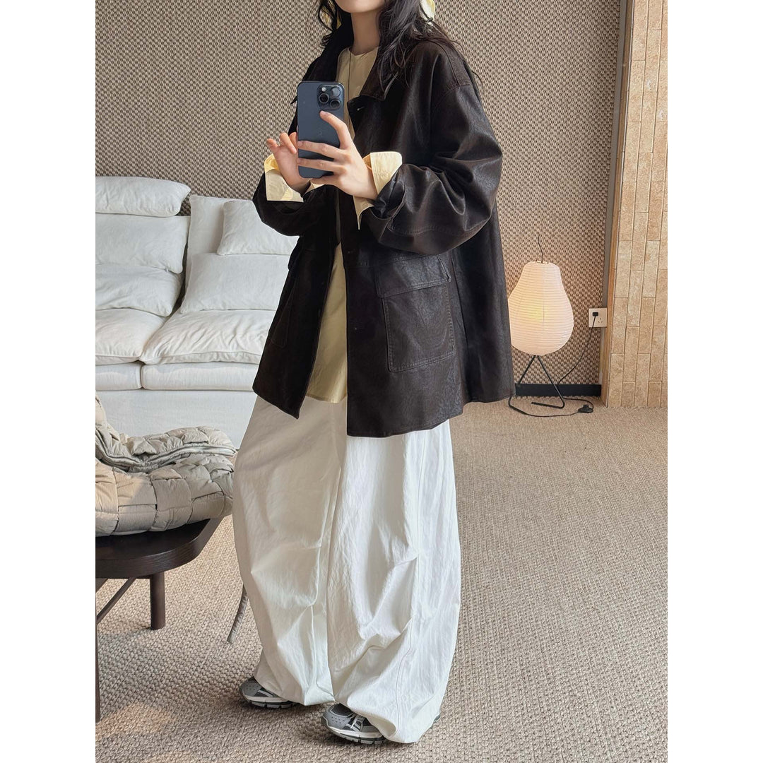 Damen Oversize Kunstleder-Hemdjacke mit breitem Kragen und Pattentaschen Nord Taschen