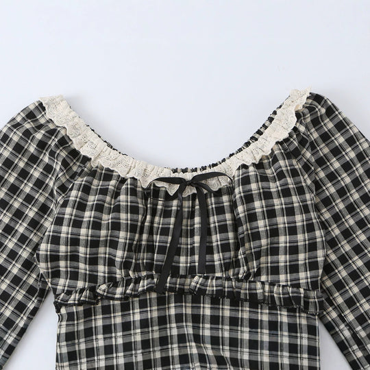 Damen Schulterfreies Karo-Cropped-Top mit Spitzenbesatz, geraffter Taille und Bindebändern Nord Taschen
