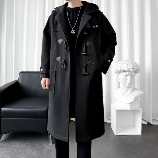 Herren Langer Wollmix Dufflecoat mit Kapuze, Knebelverschlüssen und aufgesetzten Taschen Nord Taschen