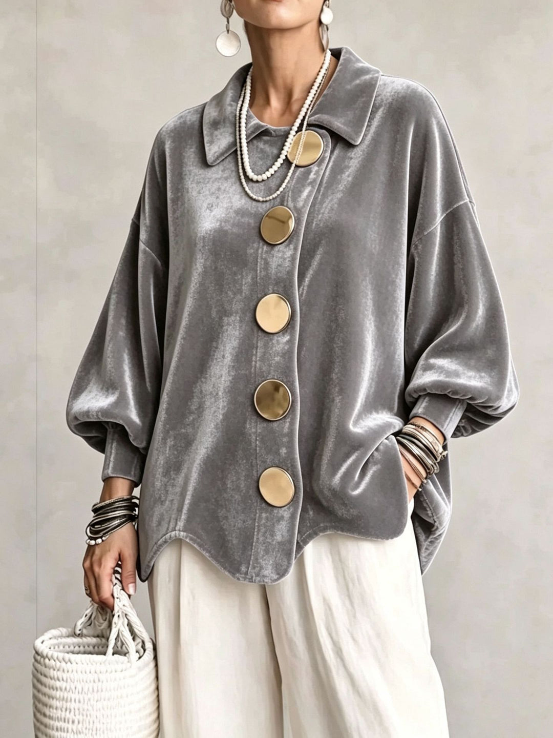 Damen Oversized Samtjacke mit großen Zierknöpfen und Balloon-Ärmeln Nord Taschen
