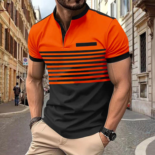 Herren nan kurzärmeliges Streifen-Kurzarmshirt mit Knopfleiste, Stehkragen und Brustpaspel Nord Taschen