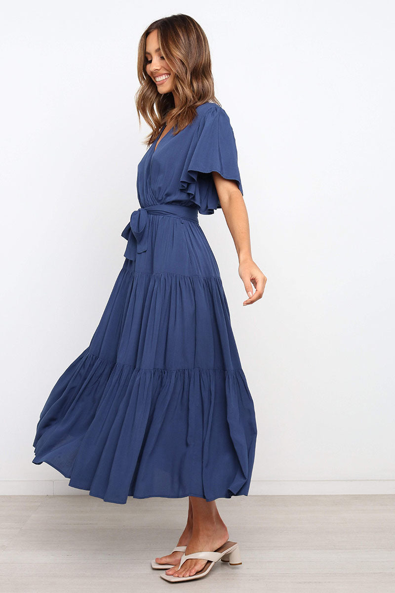 Damen Maxikleid mit tiefem V-Ausschnitt und schwingenden Ärmeln