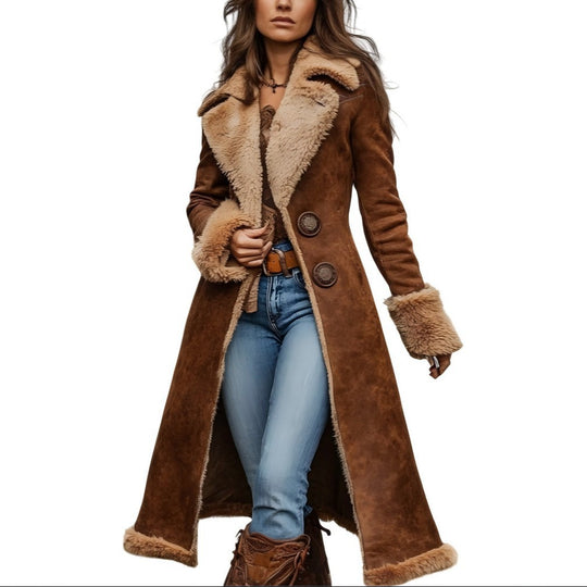 Damen Langer Veloursleder‑Look Mantel mit Lammfell‑Imitatfutter und dekorativer Doppelknopfleiste Nord Taschen