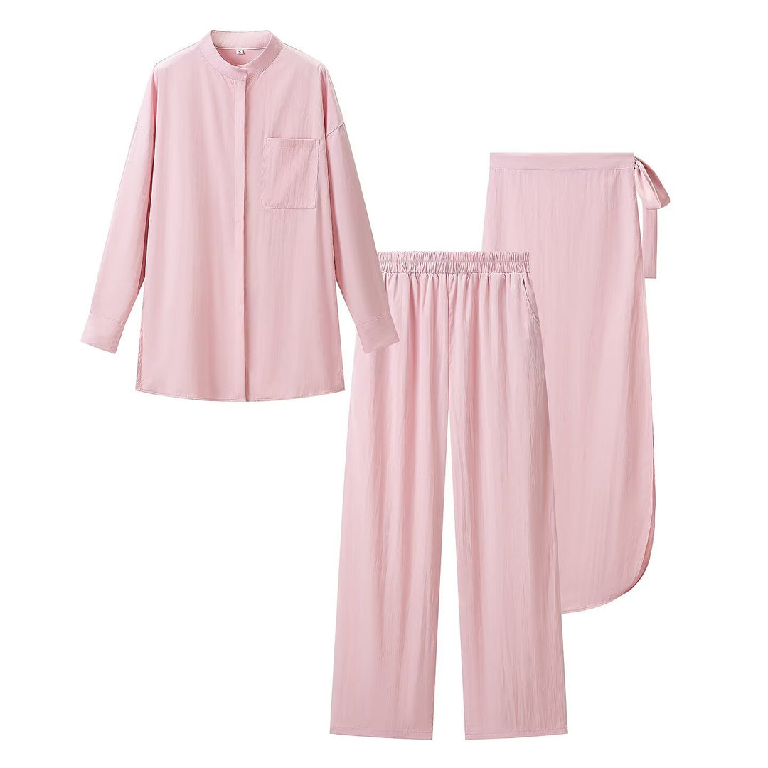 Damen Dreiteiliges Relax-Loungewear-Set mit Stehkragen, elastischer Highwaist-Hose und Wickelrock Nord Taschen