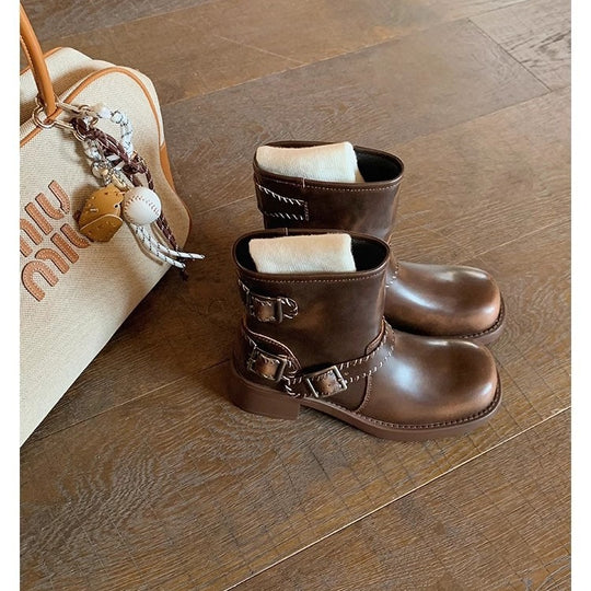 Damen Biker‑Stiefelette aus Glattleder mit dekorativer Ziernaht, Doppelriemen und robuster Profilsohle Nord Taschen